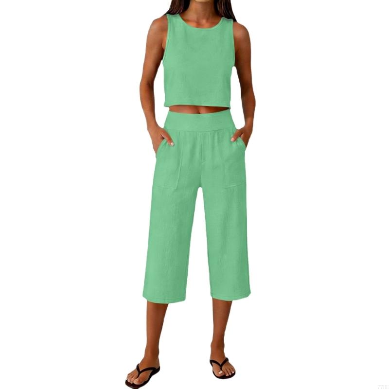 77HE Women's 2 Piece Outfits S - Linen Pant Wide ulasan dan harga