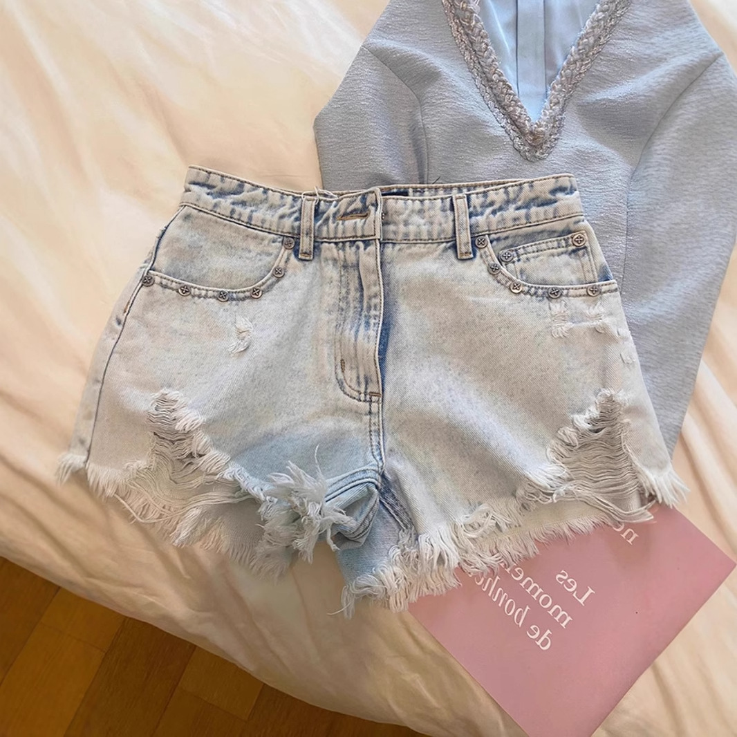 2026 Summer Vintage Washed Emb - Shorts Denim Frayed ulasan dan harga