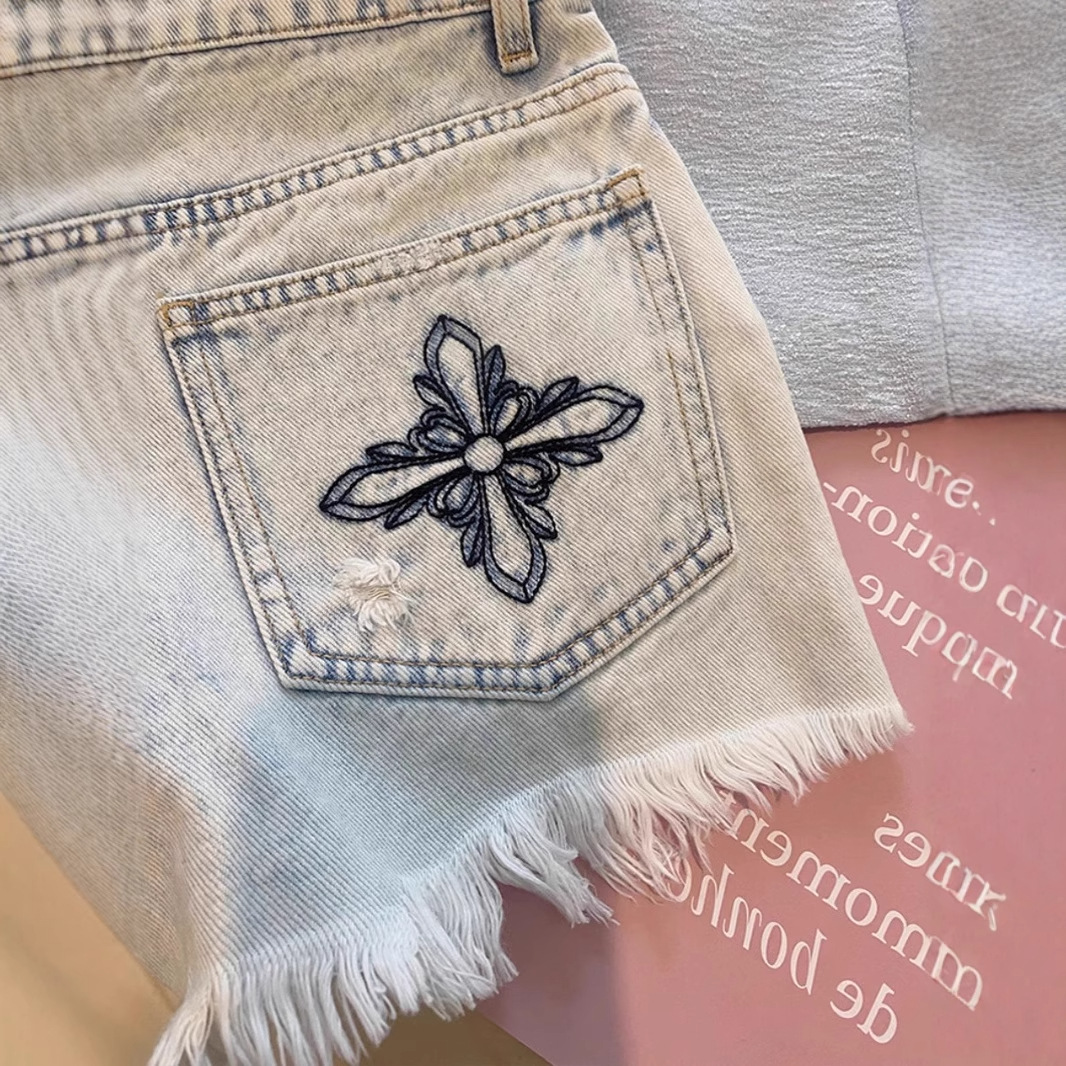 2026 Summer Vintage Washed Emb - Shorts Denim Frayed ulasan dan harga