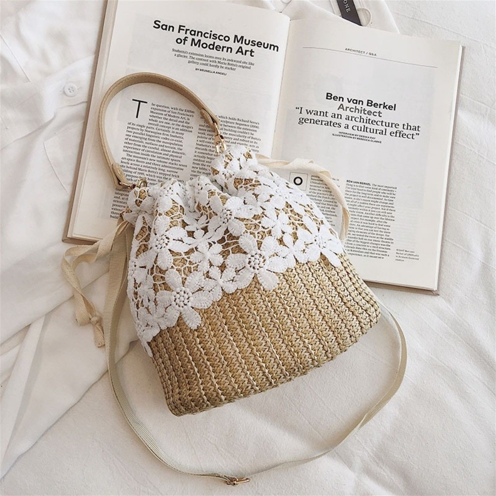 Vintage Lace Straw Shoulder Ba - Tote Bag Beach ulasan dan harga