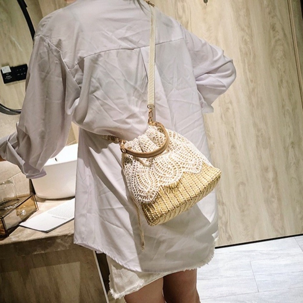 Vintage Lace Straw Shoulder Ba - Tote Bag Beach ulasan dan harga