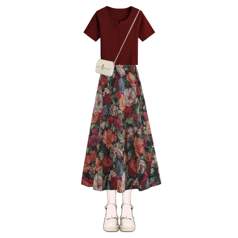 Women Lucky Wine Red T-Shirts  - Midi Skirt Floral ulasan dan harga