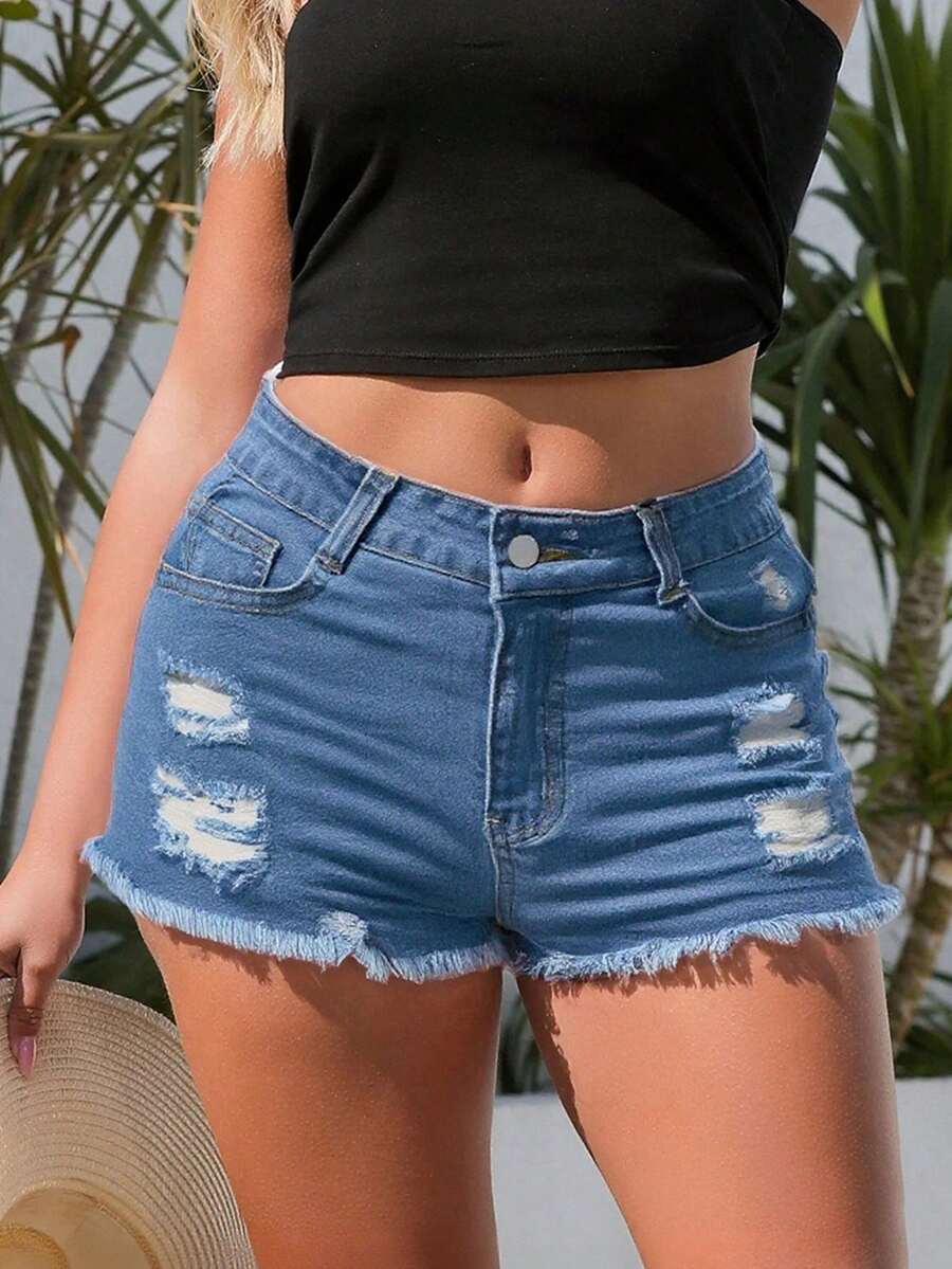 Women Denim Shorts With Pocket - Shorts Denim Frayed ulasan dan harga