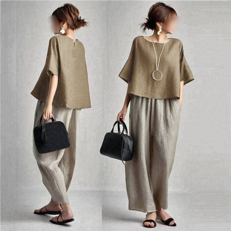 Two Pieces Women Pant Sets Sol - Linen Pant Wide ulasan dan harga