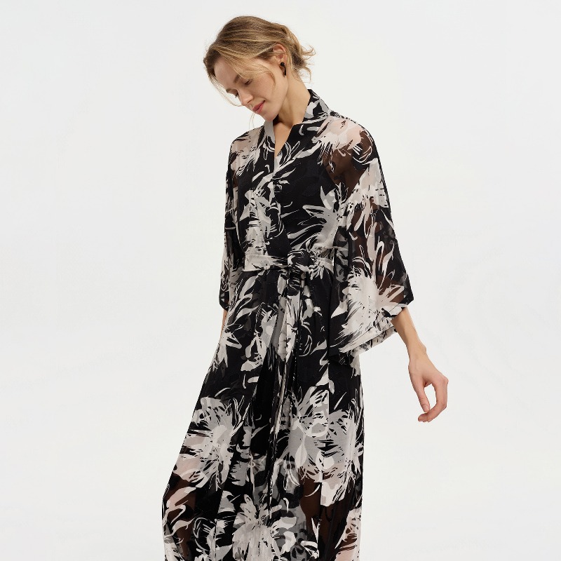 Women Black White Ink Floral S - Kimono Sheer Floral ulasan dan harga